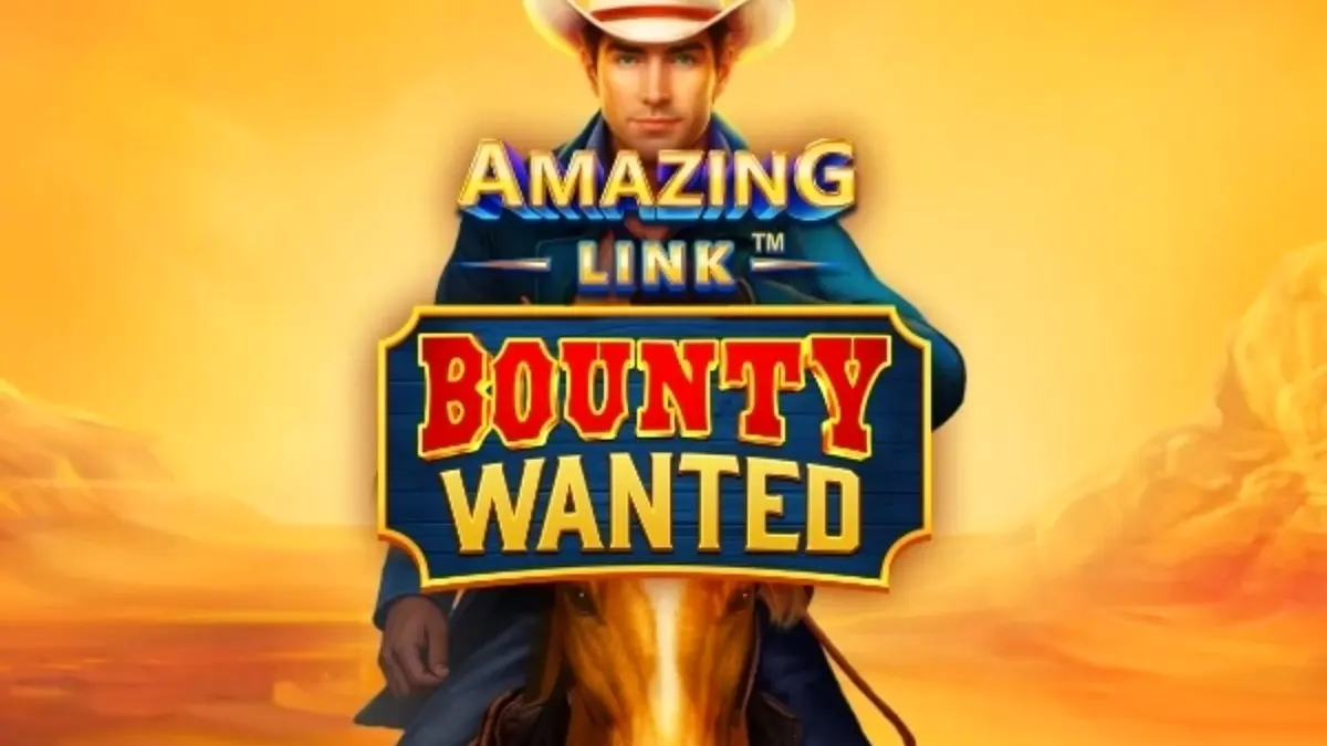 Tampilan visual slot Amazing Link Bounty Wanted dengan latar belakang gurun dan simbol koboi.
