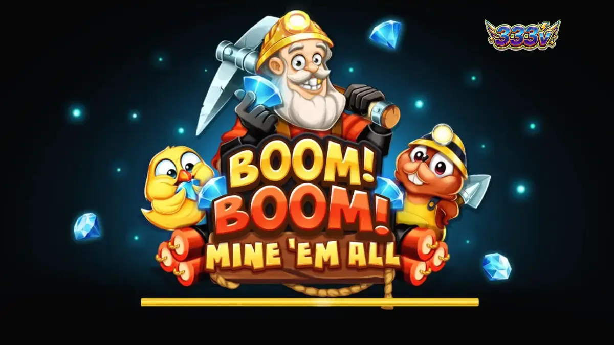 Tampilan antarmuka seluler slot Boom! Boom! Mine ‘Em All dengan latar belakang tambang yang gelap.