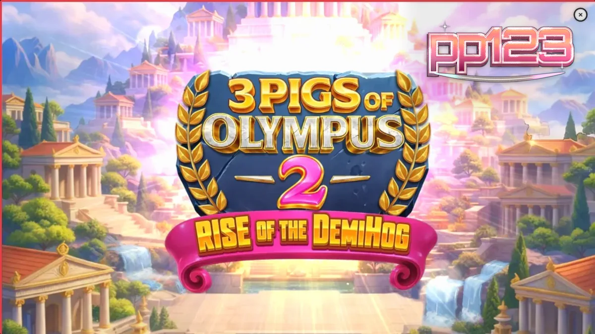 Tampilan visual slot 3 Pigs of Olympus 2 dengan tema dewa babi dan latar belakang Gunung Olympus.